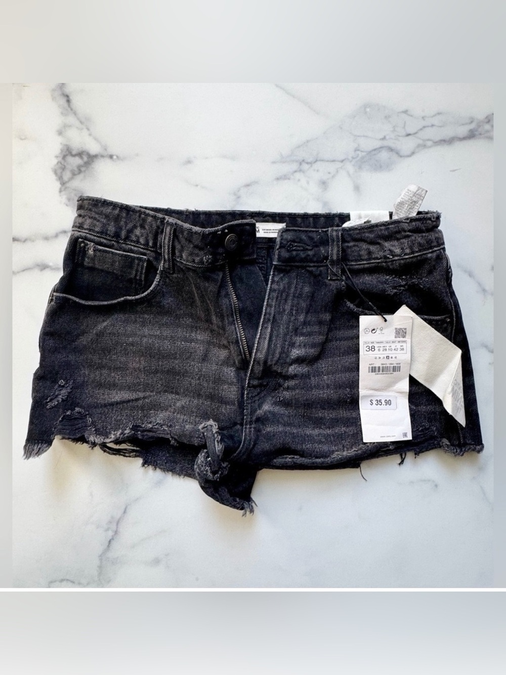 Zara Black Denim Jean Shorts Distressed Hot Pant, Size 6, NEW WITH TAGS